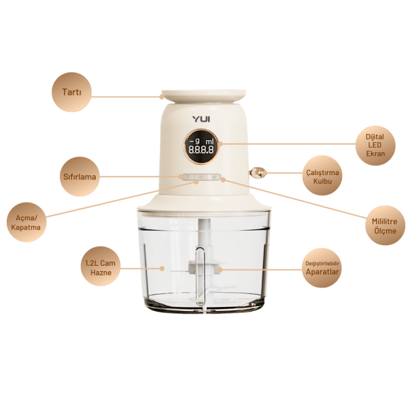 Yui M2091 Kablosuz Şarjlı Hassas Tartılı 4 Bıçaklı Rondo 1.2 Litre
