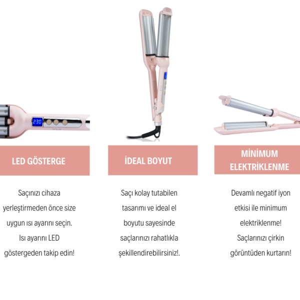 Yui DHS1868 Led Göstergeli Seramik Su Dalgası(WAG) Saç Maşası Pembe