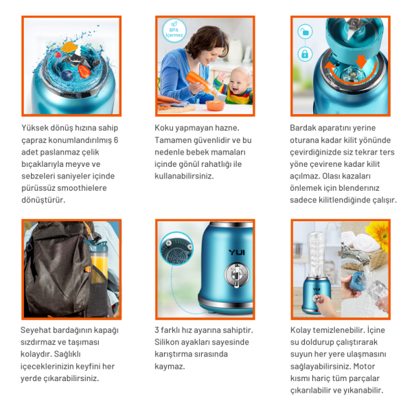 Yui M18 Kişisel Smoothie Blender Retro Titanyum Gri, 450 ml Cam, 600 ml Smoothie, 180 ml Öğütücü Hazne