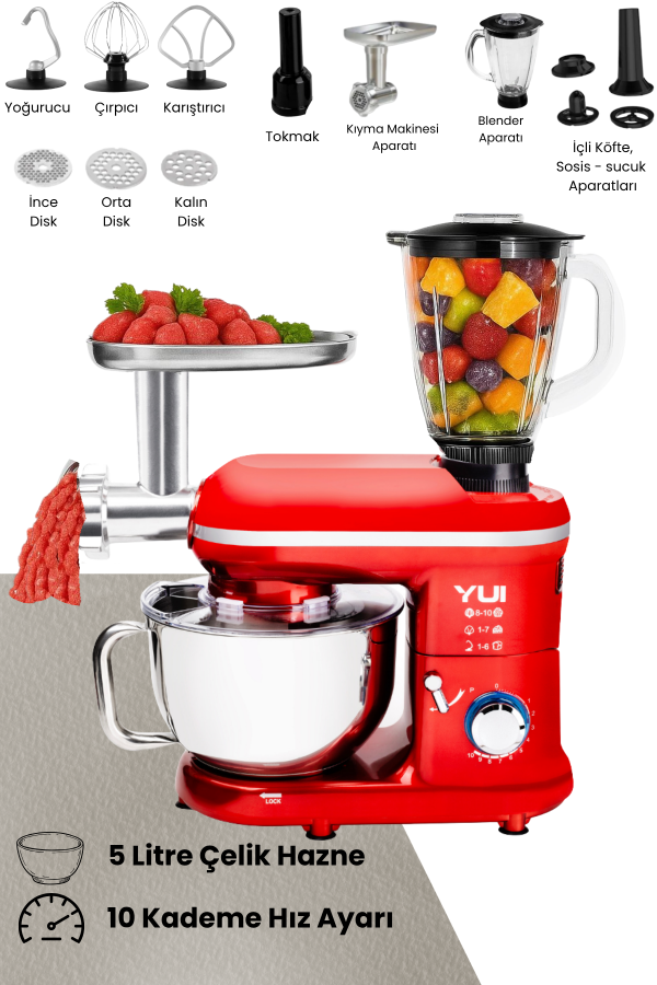 Yui M120 Multi-fonksiyonel 3'ü Bir Arada Stand Mikser Kıyma Setli Ve Blender Özellikli Kırmızı
