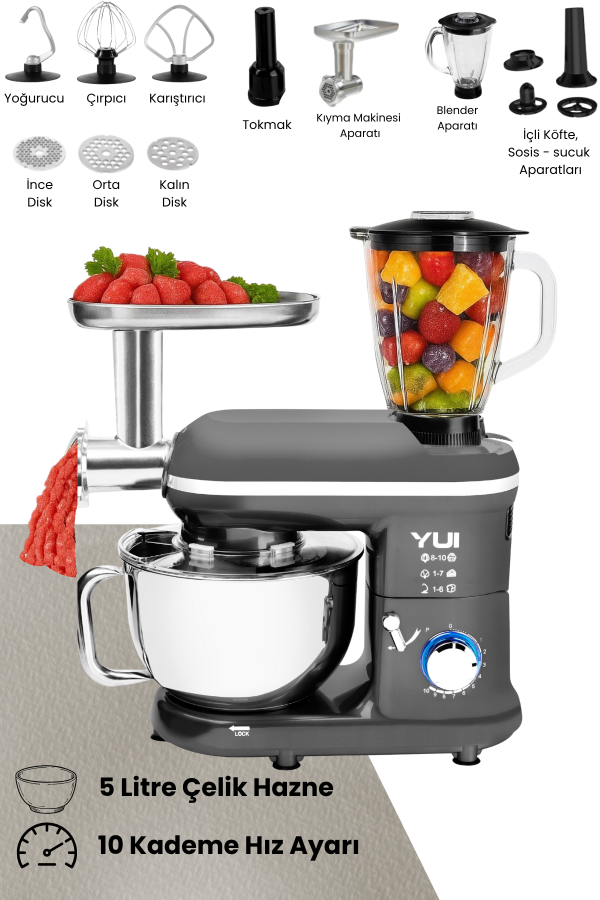 Yui M120 Multi-fonksiyonel 3'ü Bir Arada Stand Mikser Kıyma Setli Ve Blender Özellikli Gri
