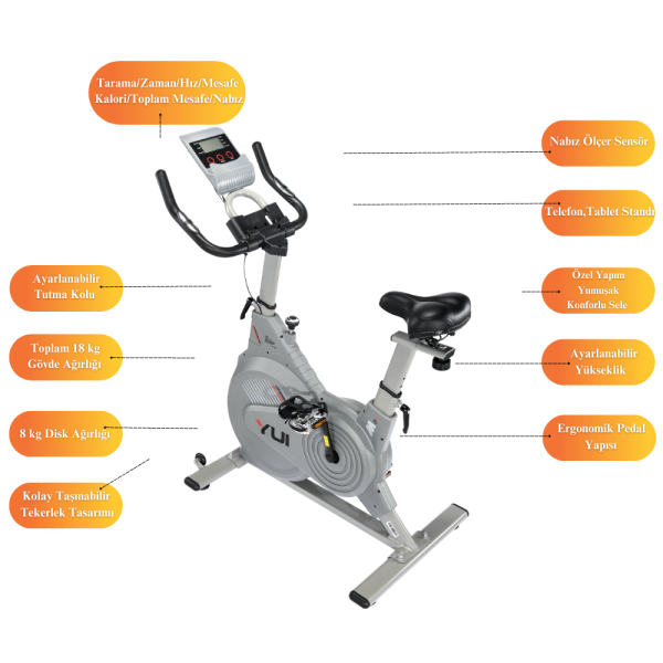 Yui Xv15 Spin Spor Koşu Egzersiz Kondisyon Bisikleti 150 Kg Tasima 8Kg Volan Gri