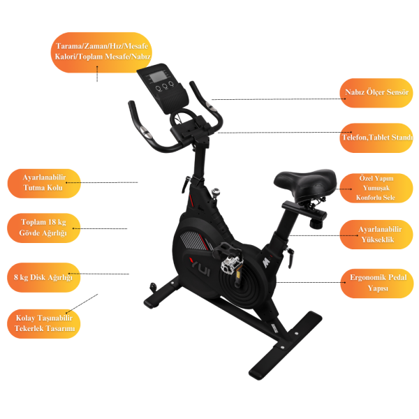 Yui Xv15 Spin Spor Koşu Egzersiz Kondisyon Bisikleti 150 Kg Tasima 8 Kg Volan Siyah