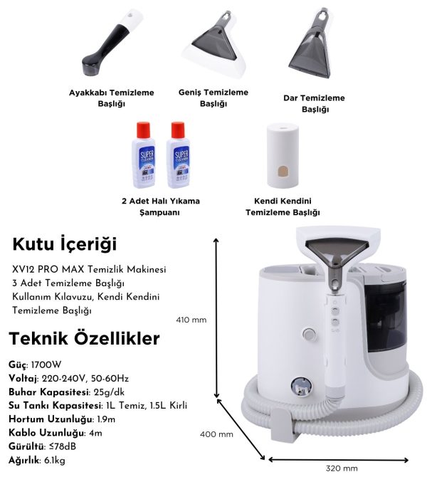 Xv12 Pro Max 1700w Buharlı Koltuk Ve Halı Yıkama Makinesi -Buharlı Temizleyici