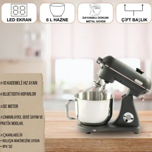 Easy Chef M122 Plus DC Motor Stand Mikser Çift Başlıklı Mat Gri Gold