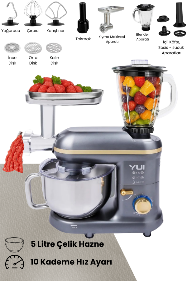 M120 Multi-fonksiyonel 3'ü Bir Arada Stand Mikser Kıyma Setli Ve Blender Özellikli Koyu Gri/Gold