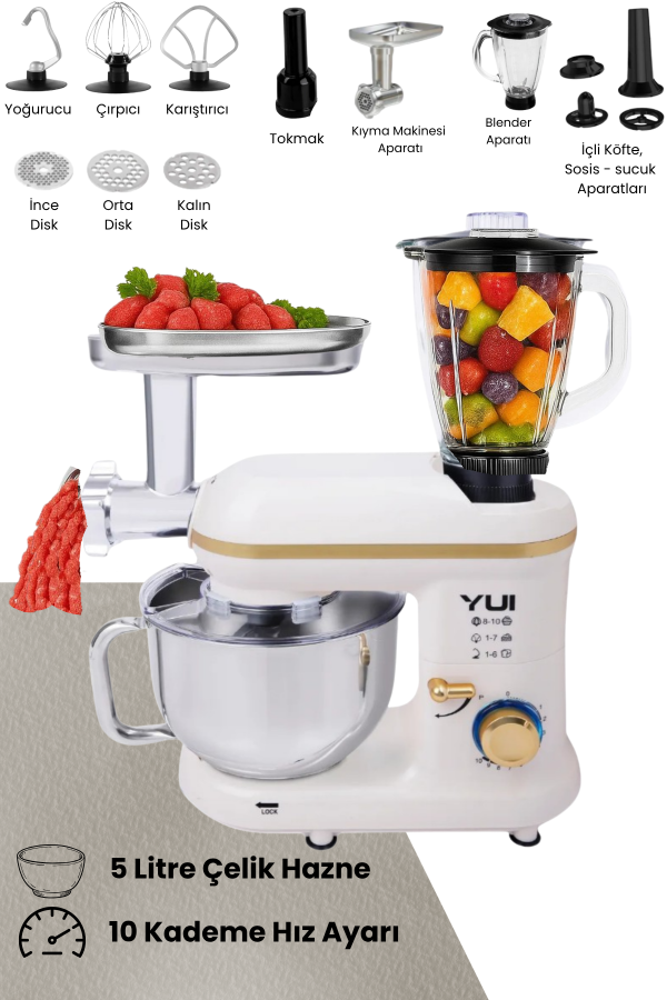 M120 Multi-fonksiyonel 3'ü Bir Arada Stand Mikser Kıyma Setli Ve Blender Özellikli Krem/gold