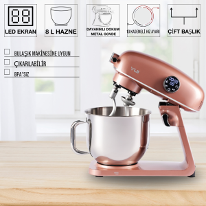 M218 Easy Chef Siyah Stand Mikser 1800W motor gücü 8L kapasite dayanıklı döküm metal gövde