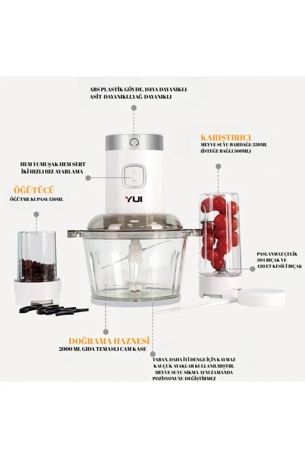 M2001 3'ü 1 Arada 2 Litre Doğrayıcı Cam Hazne- Kişisel Smoothie Blender-Öğütücü