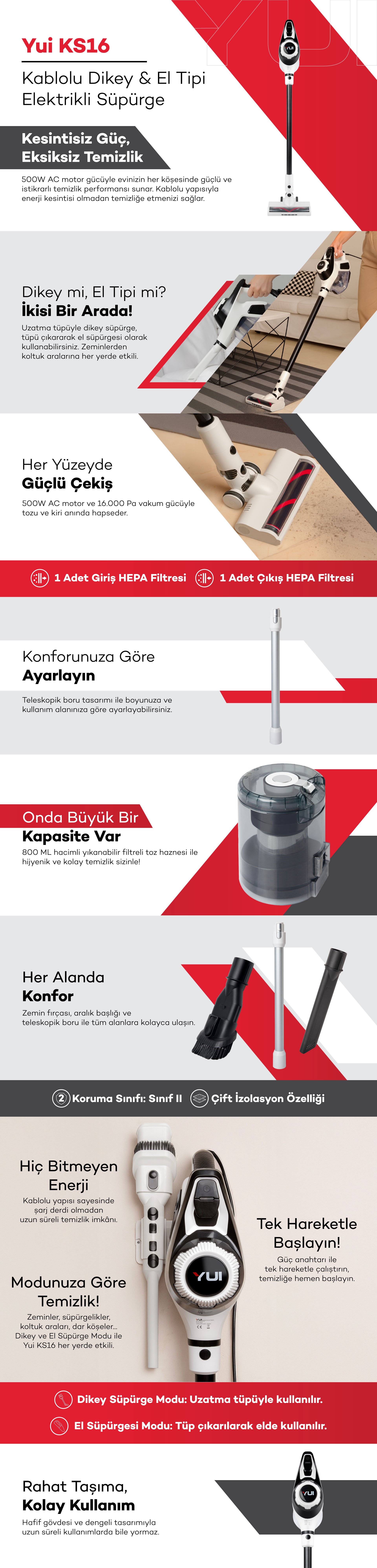 Ks16 2'si 1 Arada Ac Motor Toz Torbasız Hepa Filtreli Dikey