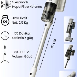 Ds17 Pro Max Şarjlı Dikey Süpürge Dc Motor Hepa Filtre 3 Kademeli Hız Ayarı