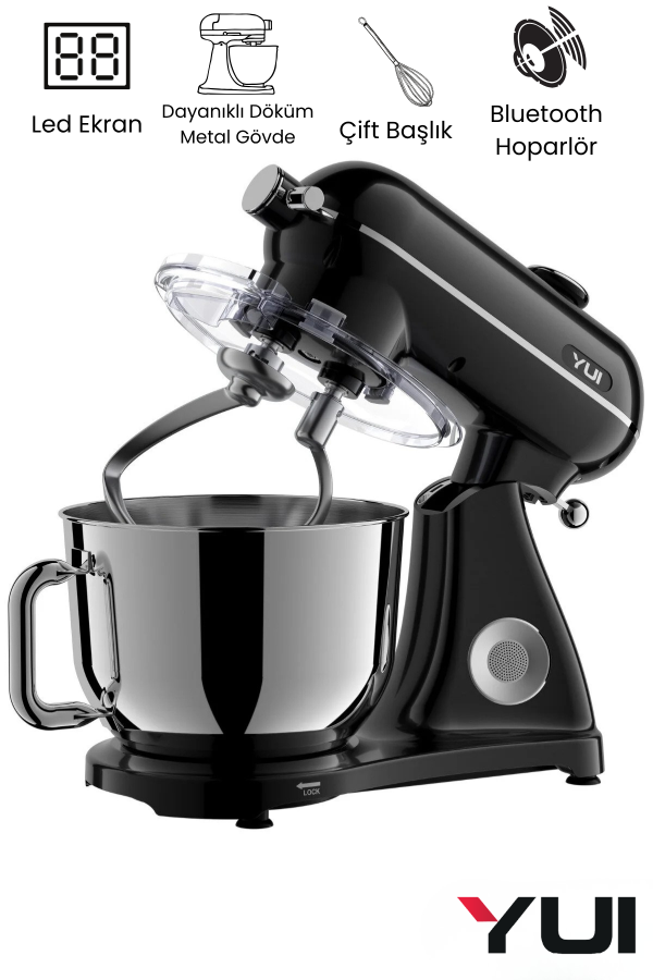 M122 Plus Easy Chef Dc Motor Stand Mikser Çift Başlıklı Hoparlör Özellikli Parlak Siyah