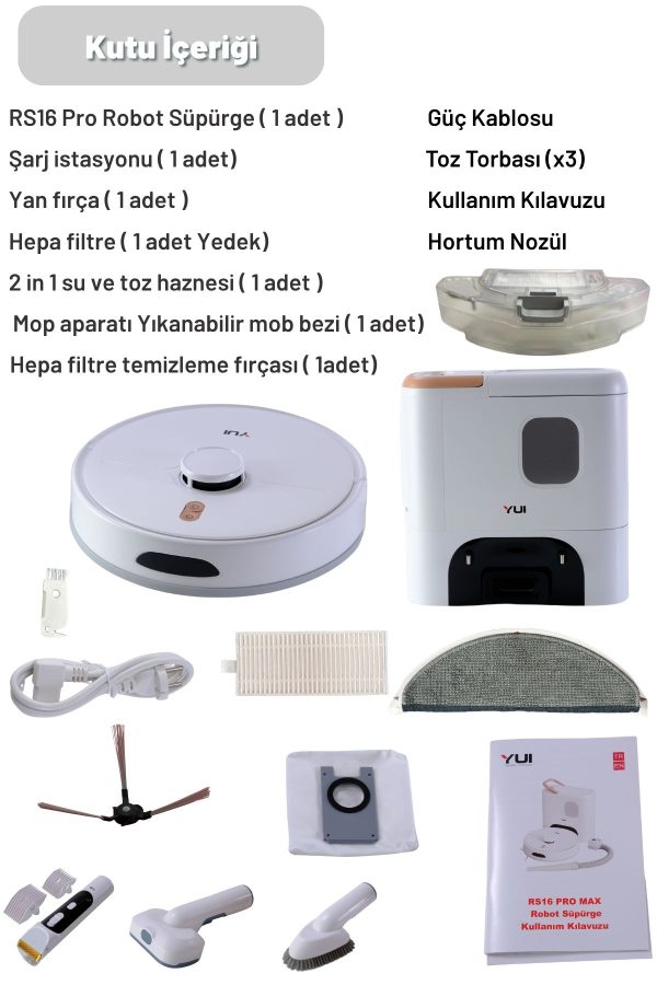 RS16 Pro Max 15.000 Pa Pet Kit Akıllı Robot Vacuum & Mop Süpürge Beyaz (YUI TÜRKİYE GARANTİLİ)