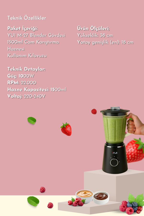 Yui M27 1000W Cam Hazneli Kişisel Smoothie Blender Siyah