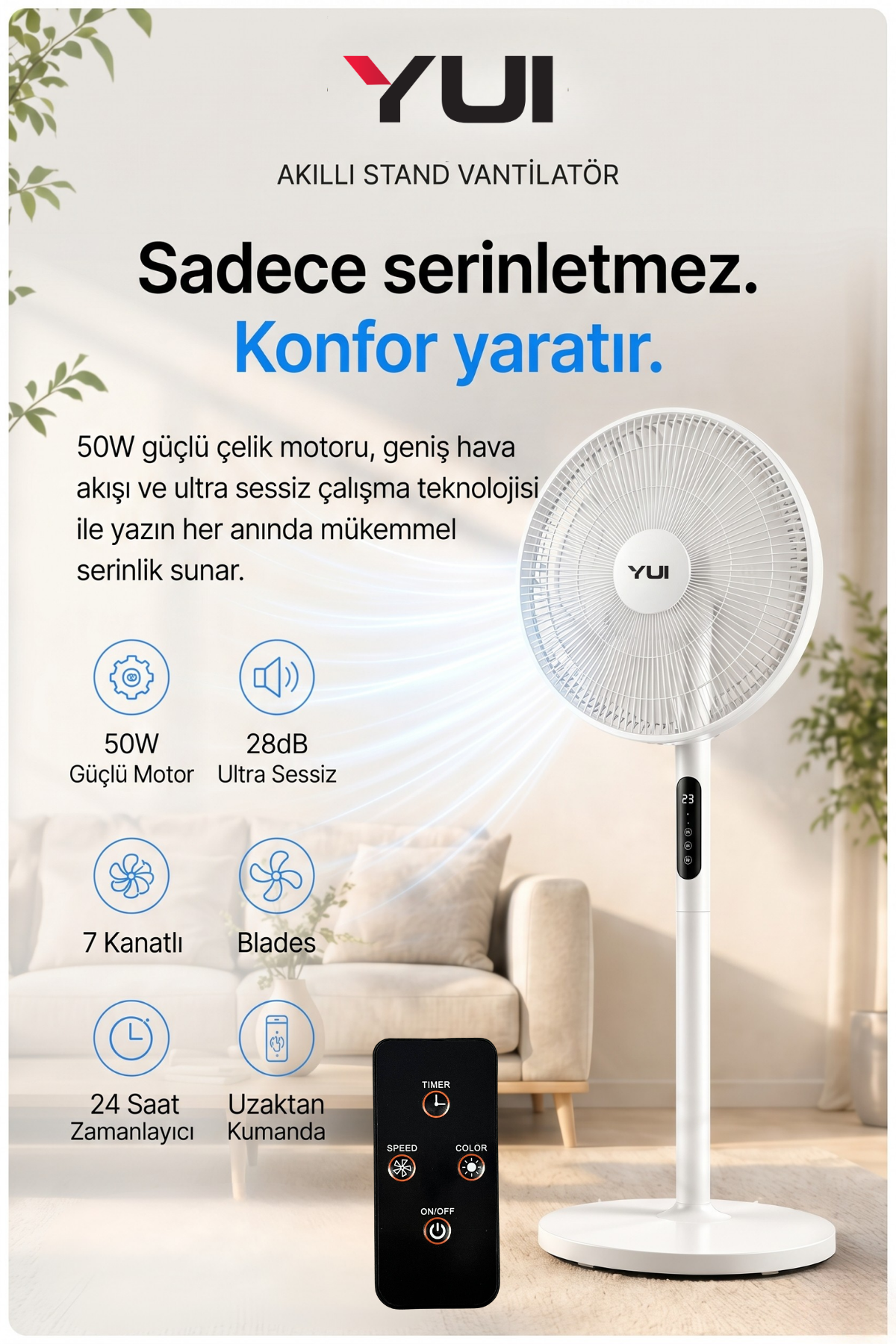 F60 Beyaz 16 İnç 50W 8 Kademe 5 Pervane Döner Başlıklı Uzaktan Kumandalı Vantilatör
