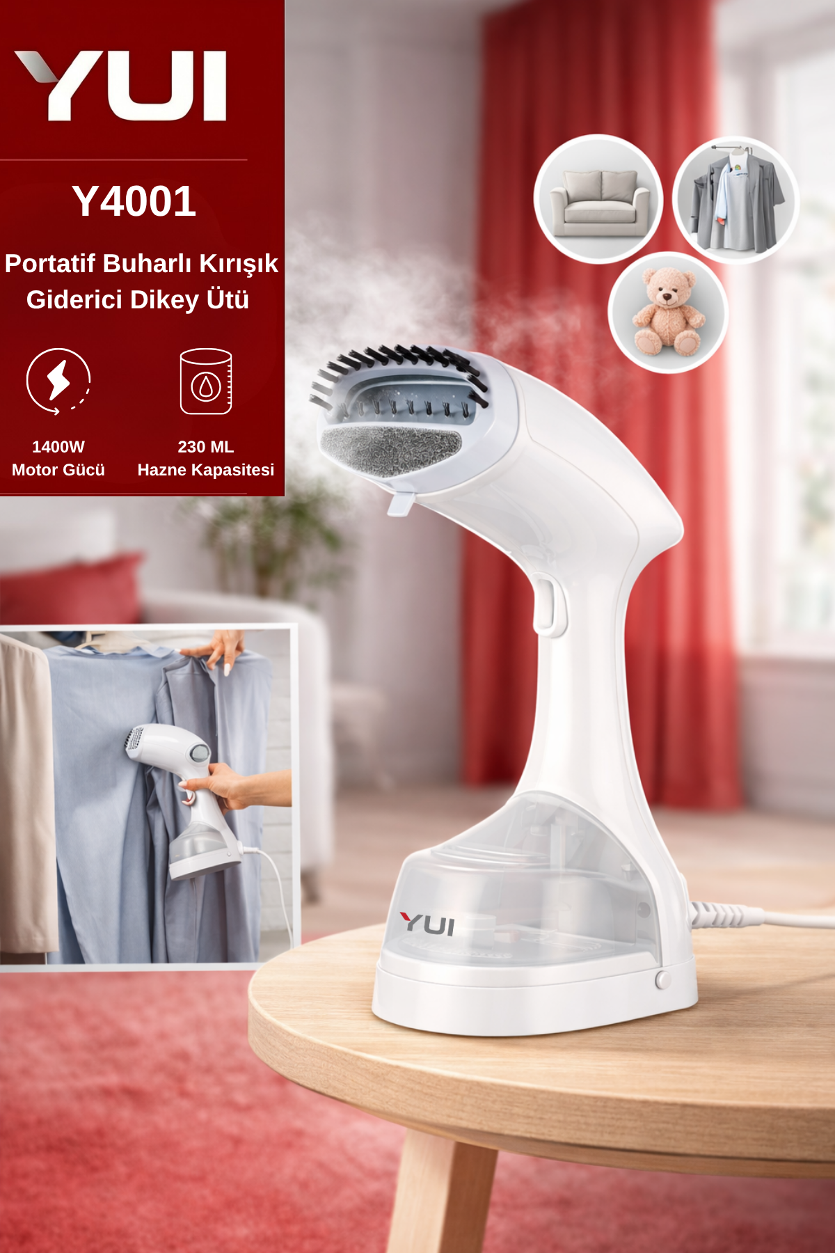 Y4001 1400w 230 Ml Su Hazneli Portatif Buharlı Kırışık Giderici Dikey Ütü